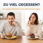 Zu viel gegessen – üppige Mahlzeit mit Burger, Pommes und Dessert