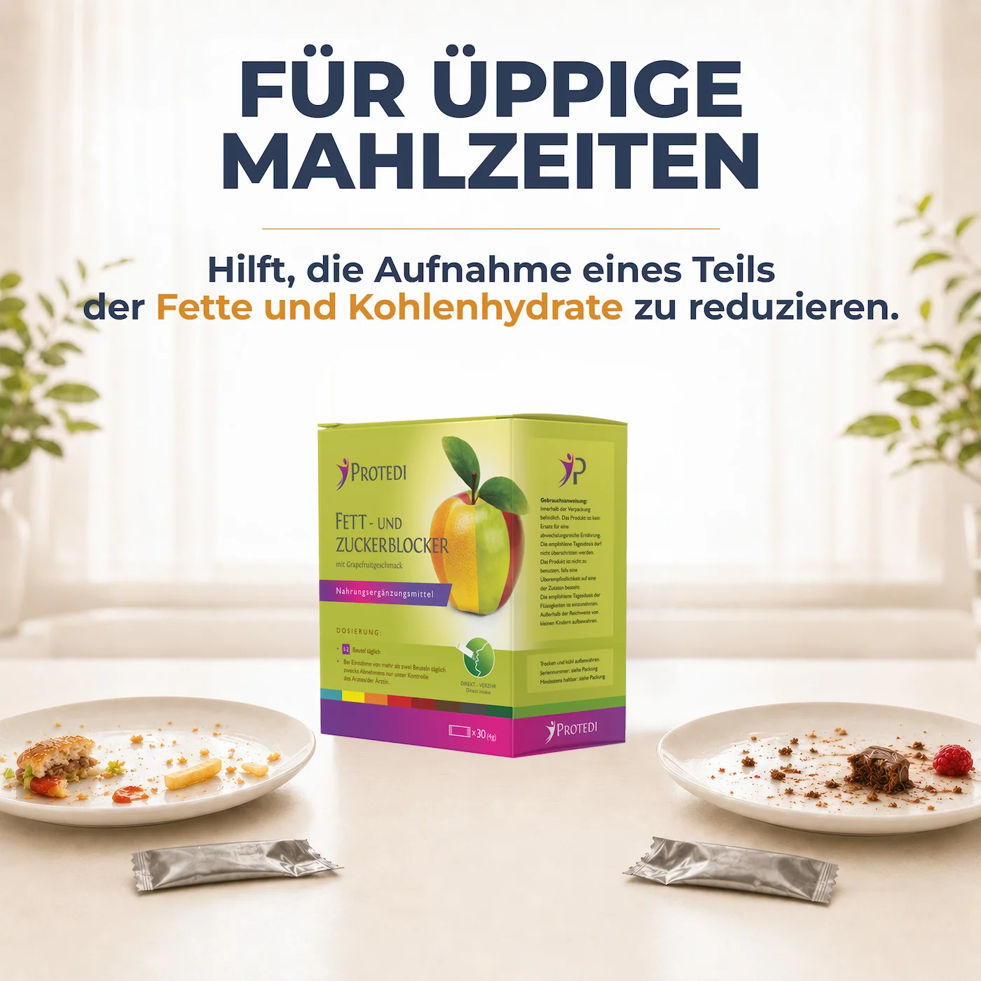 Für üppige Mahlzeiten – Fett- und Zucker-Blocker Fett- und Zucker-Blocker für üppige Mahlzeiten – reduziert die Aufnahme eines Teils der Fette und Kohlenhydrate