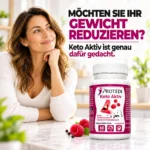 Frau neben einer Packung Protedi Keto Aktiv mit Himbeeren – Nahrungsergänzungsmittel zur Unterstützung der Gewichtsreduktion