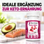 Protedi Keto Aktiv Kapseln neben Avocado und Lachs – als Ergänzung zur Keto-Ernährung.