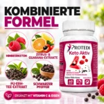 Protedi Keto Aktiv mit Himbeerketon, Zitrus- und Guarana-Extrakten, Pu-Erh-Tee, schwarzem Pfeffer, Vitamin C und Eisen.